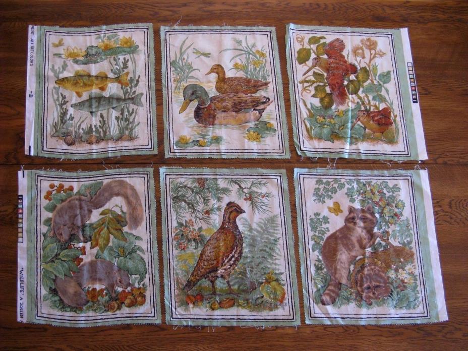 Vintage Silk Screen Animal WILDLIFE 6 Fabric Panels for Quilting  Embroidery