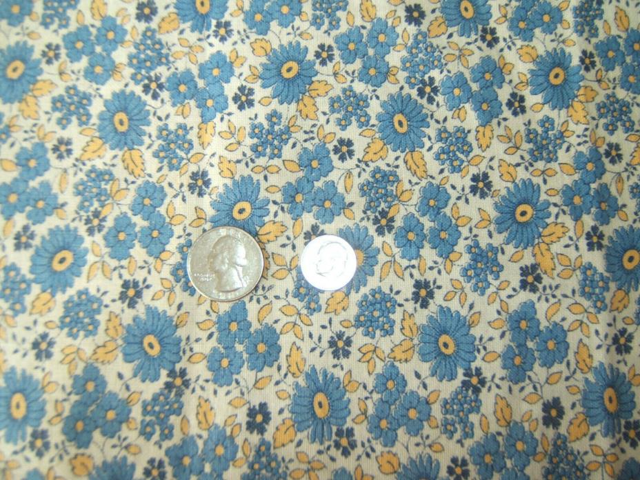 Vintage Cotton Fabric Small Print Floral Blue Yellow on Cream 43