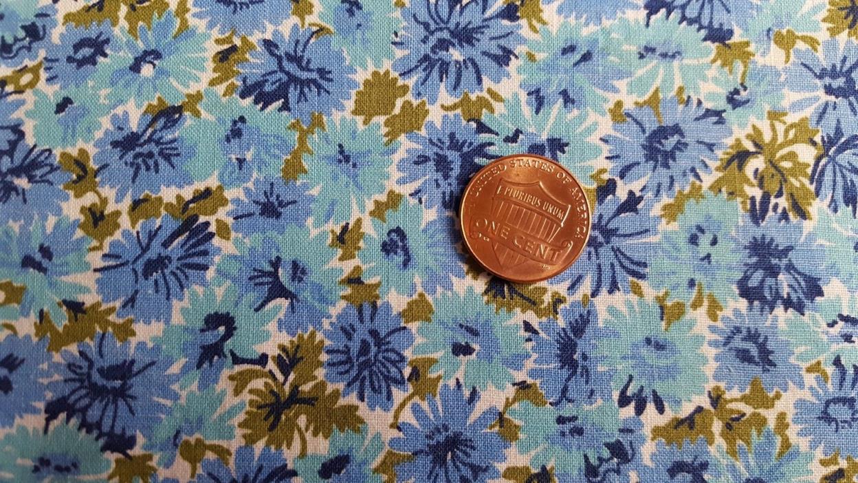 VTG Antique Cotton Fabric 30s Quilt Doll Blue Flowers Turquoise Olive Green