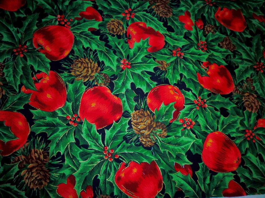 Cotton Fabric Cranston VIP Joan Messmore Red Apples Pine Cones Holly 3 YDS