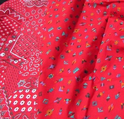 Fabric Lot Geometric Western Paisley Floral Multi on Red 2 yds Gorgeous Vintage