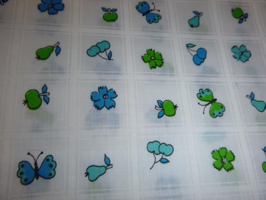 Vtg Novelty Cotton Fabric Turquoise Green Butterfly Fruit Flowers 45 x 4+ yds