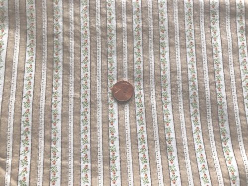 ALMOST 2 YDx44” Vintage TAN IVORY With Tiny Pink Rosebuds TICKING Cotton Fabric