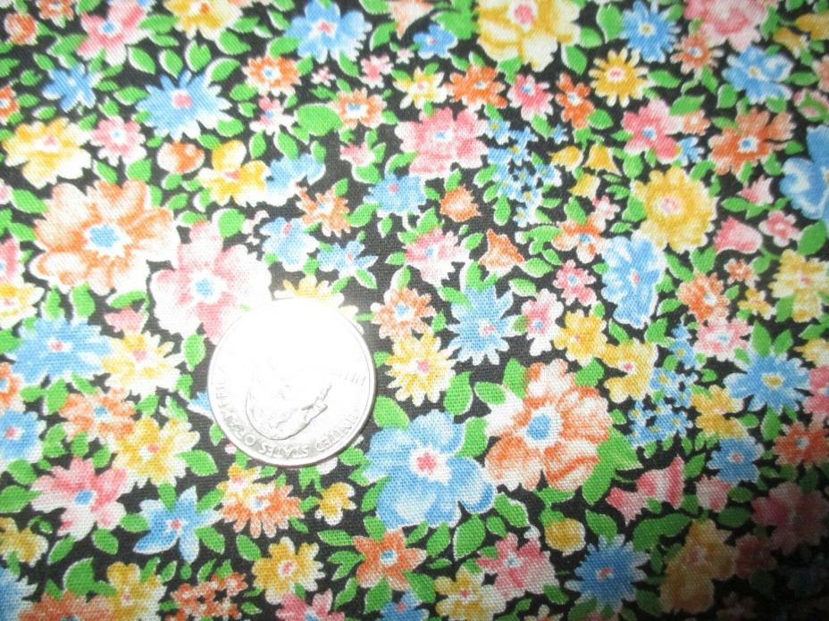 COUNTRY Vintage BLUE ORANGE YELLOW FLOWERS On BLACK 1970's COTTON Fabric-3 yd