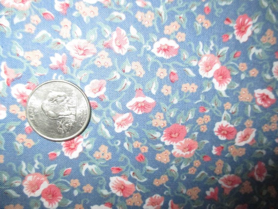 PRETTY Vintage WHITE PINK BEIGE FLOWERS On BLUE 1980's COTTON Fabric-over 1 yd