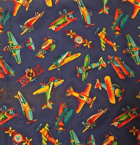 3+ Yards RED Yellow TURQUOISE Airplanes on BLUE Hoffman International Fabrics