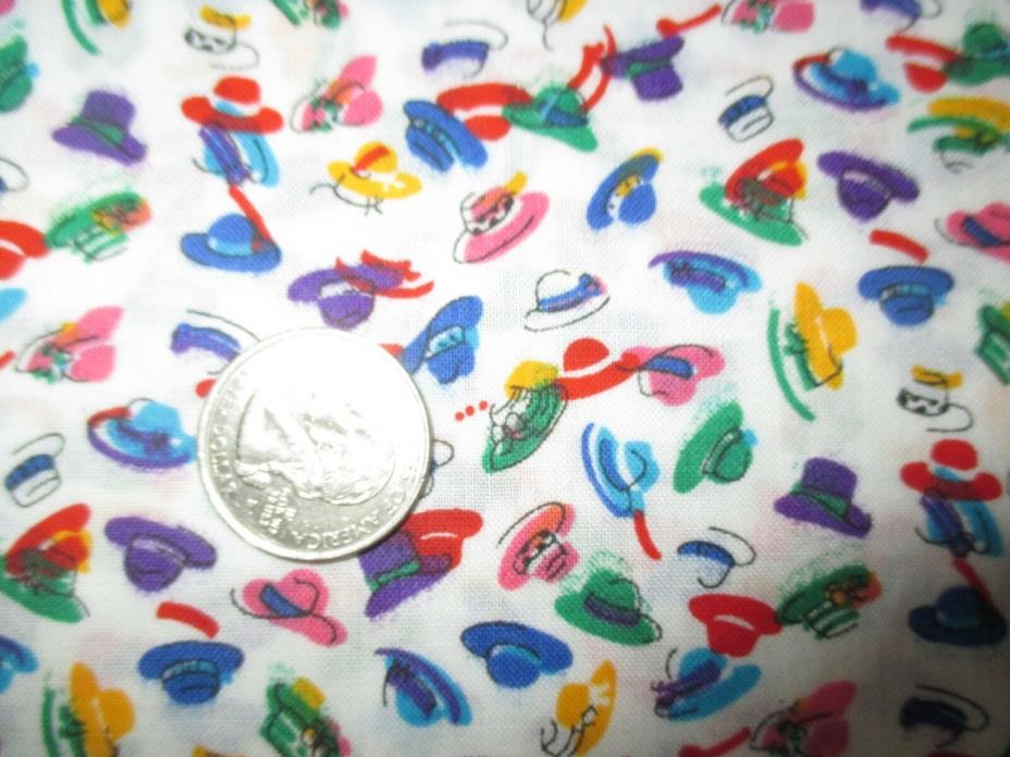 FASHIONABLE Vintage MULTI-COLORED LADIES HATS On WHITE 1990's COTTON Fabric-4 yd
