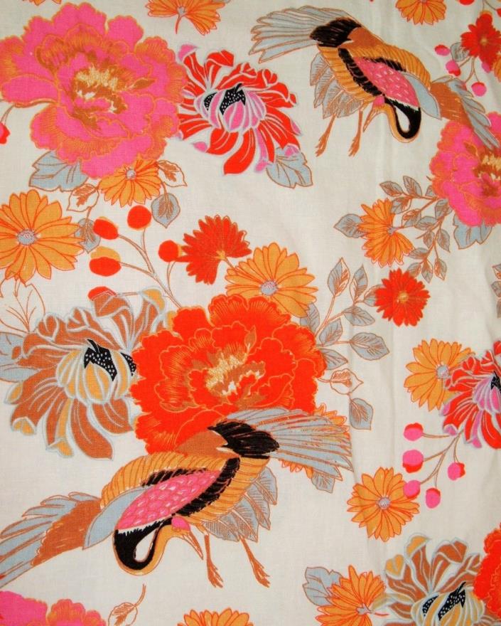 Vintage JoAnn Stores Mod Bright Bird Floral Fabric 2 3/4 yds x 50