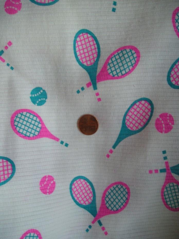 Vintage 60s PINK TURQUOISE TENNIS RACKETS BALL White Ribbed FABRIC Novelty 4 yds