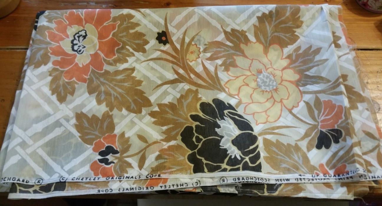 Vtg Fabric Upholstery Mid Century Orange Gold Black Floral 70s CHETLEY ORIGINAL