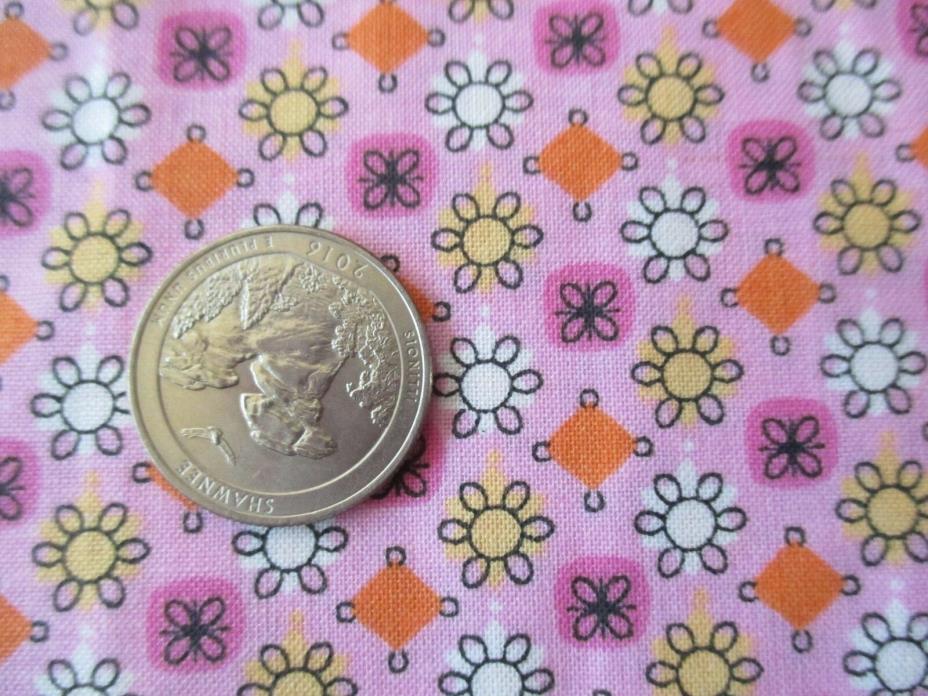 SUMMERY Vintage WHITE PINK YELLOW FLOWERS On PINK 2011 COTTON Fabric-1 yd