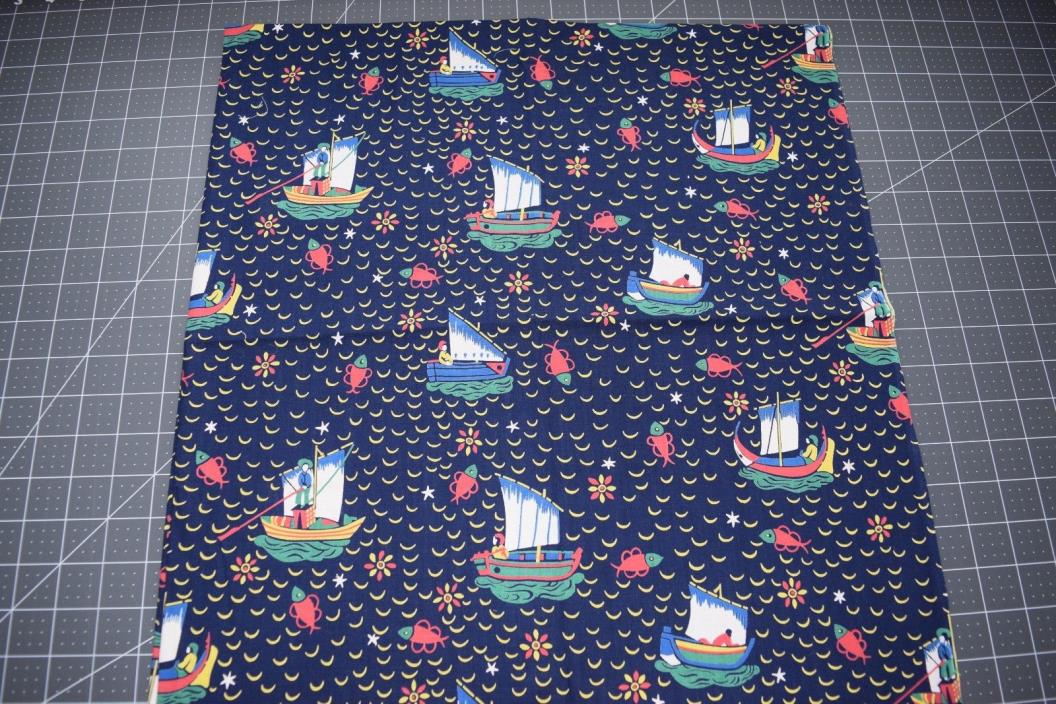 vintage fish boat scene cotton fabric 1 yard by 35