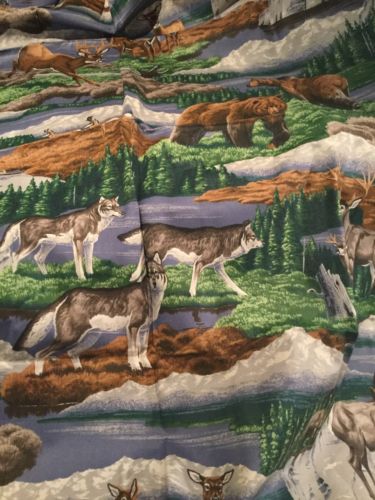 Vintage Cranston Mountain Hunting Fabric Deer Bear Quilting Cotton 1 Y F16