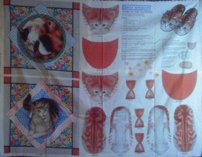 1 Yd Vtg Cat Kitten Fabric Panel Pillow House Slippers Paws in the Flowers