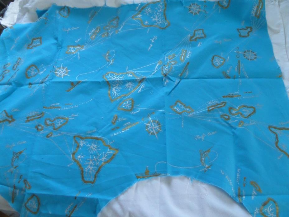 Vintage Blue Hawaii Print Fabric 20 x 28