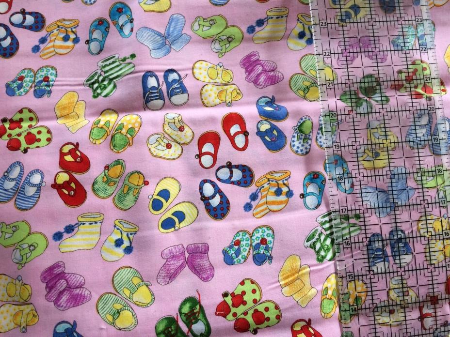 1 1/2+ yard Blank Textiles baby shoes on pink  cotton quilt fabric vintage 2004