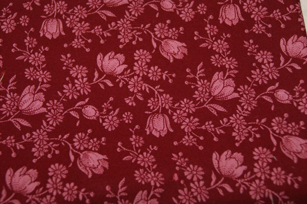 1 yd - Vintage Floral Cotton Fabric Print  -  Pink on Burgundy Background