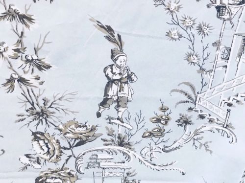 SCALAMANDRE CHINOISERIE PAGODAS TOILE SKY BLUE AMBER Fabric Remnant, 18” X 54”
