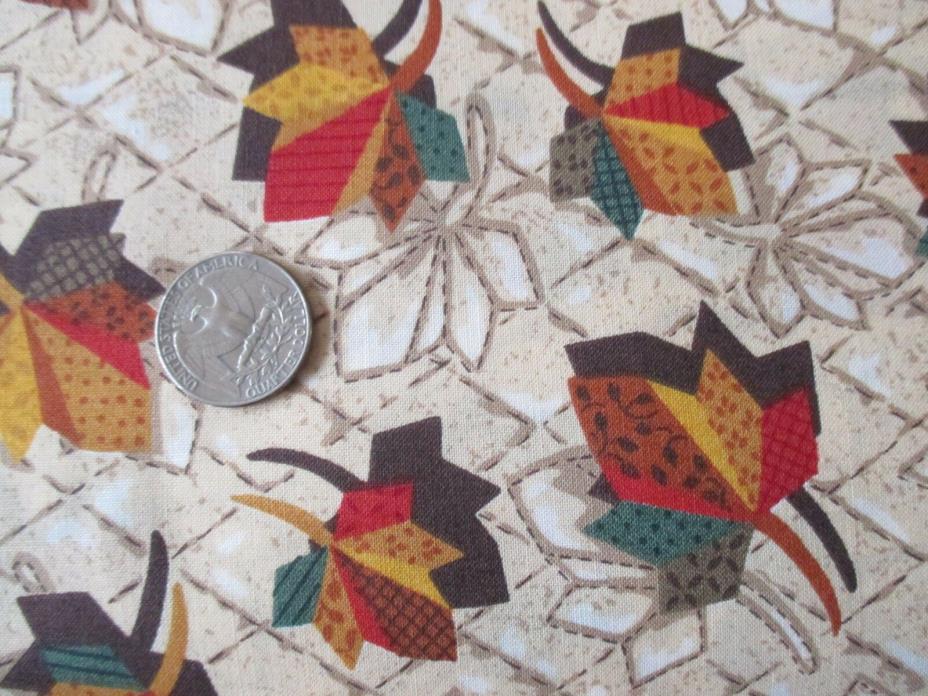 AUTUMN Vintage PATCHWORK LEAVES On BEIGE 1990's COTTON Fabric - over 4 yd