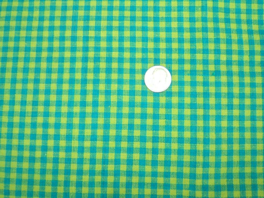 Vintage Cotton Fabric ~ Lime Green and Blue Check ~ 45