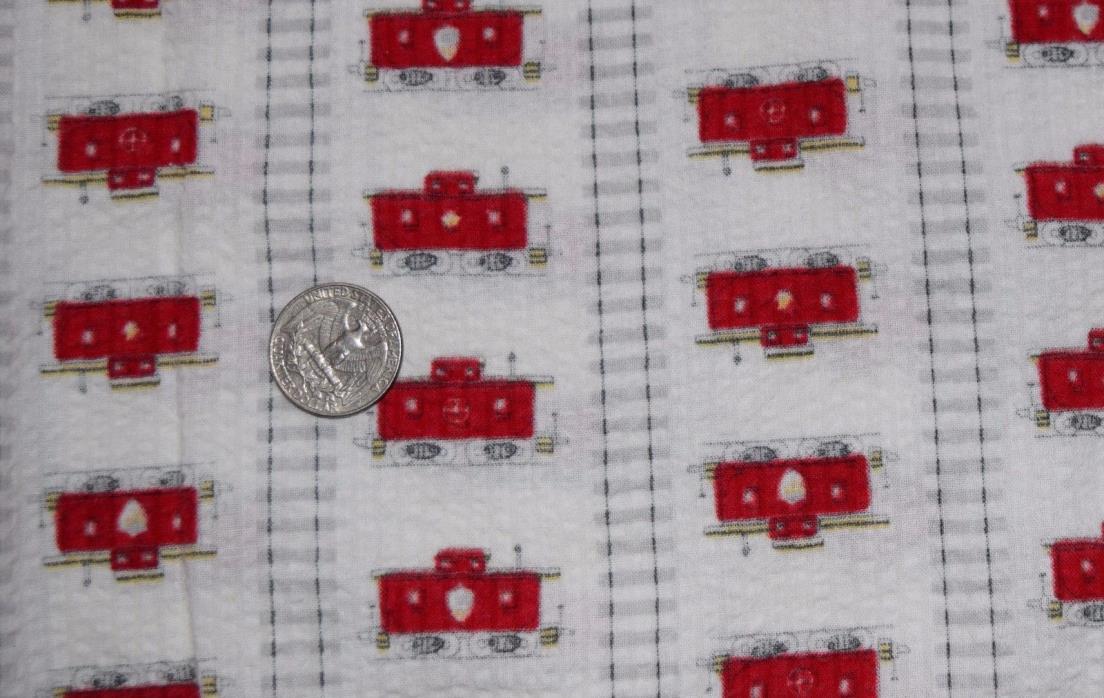 1 yd  1950's cotton fabric, juvenile seersucker, Red cabooses and tracks