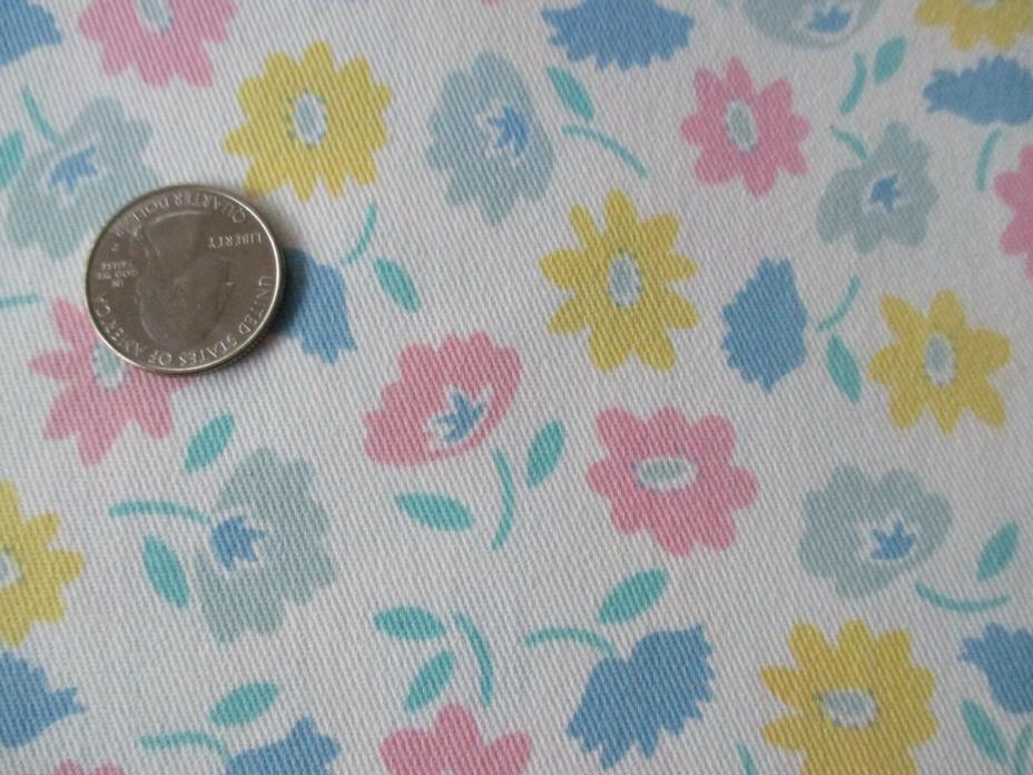 SWEET Vintage PINK BLUE YELLOW FLOWERS On WHITE 1980's Heavy COTTON Fabric-2 yd