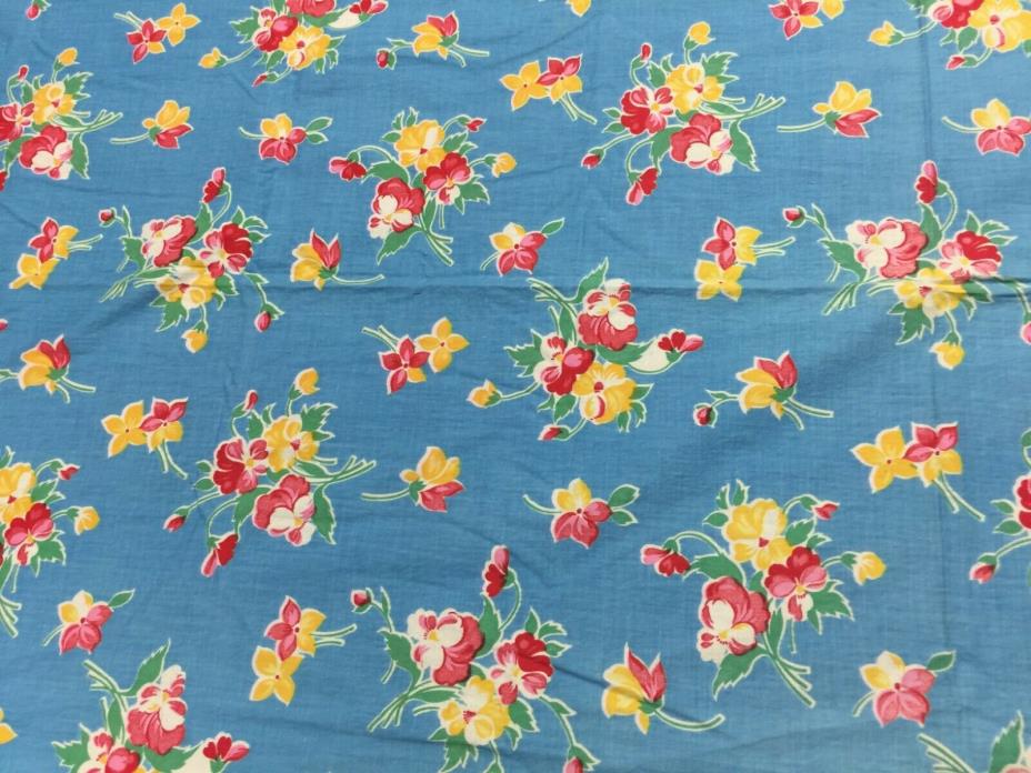 Vintage Curtain 33 X 54 inches Long Cotton Calico Blue with Pansy Floral Design