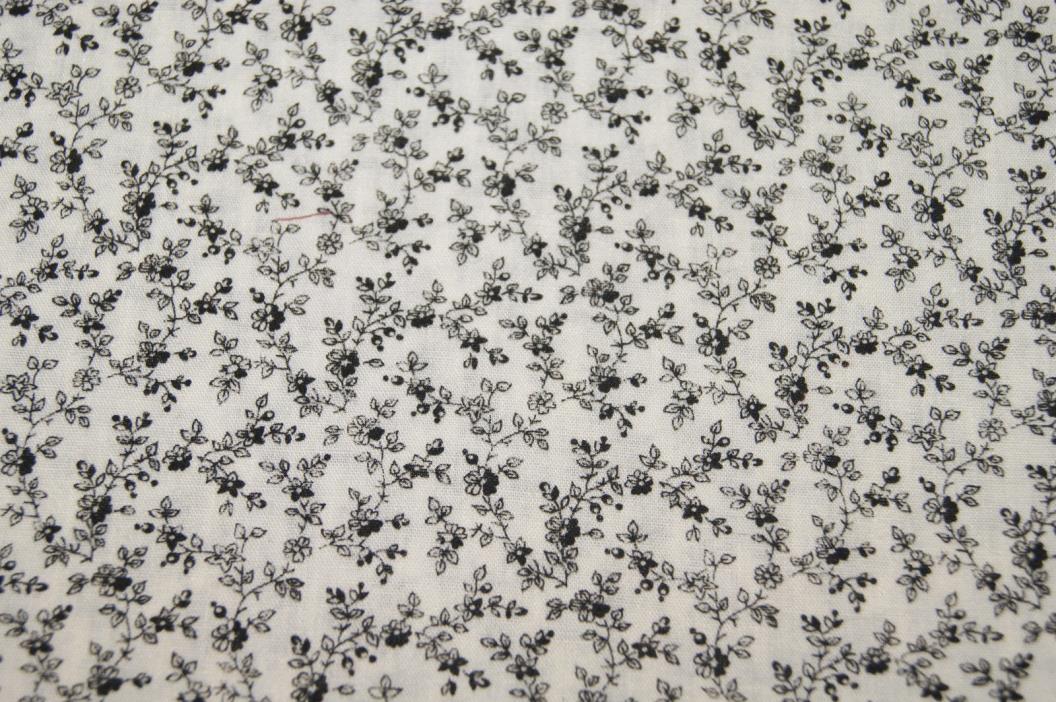 2 yd - Vintage Tiny Floral Cotton Fabric Print  - Black on White Background