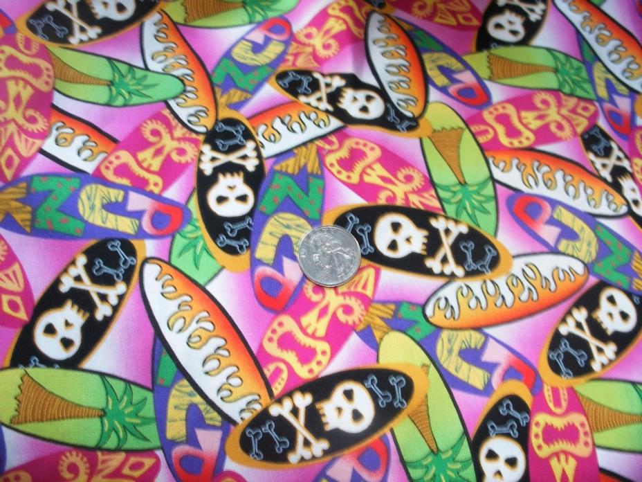 COTTON FABRIC  PINK BACKGROUND SURF BOARD  SKULL FLAME OVER 2 YARD   92