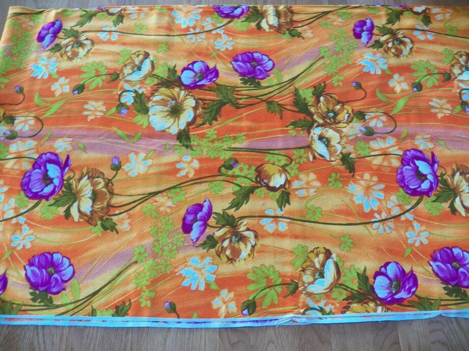 Vintage Cotton Decorator Fabric 70's~~Floral Flowers Orange/Purple~2 Yards Retro