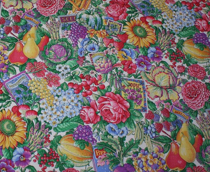 3 Yards Flowers Fruit Vegetable Seed Packets Concord Fabric Kessler Cotton Quilt