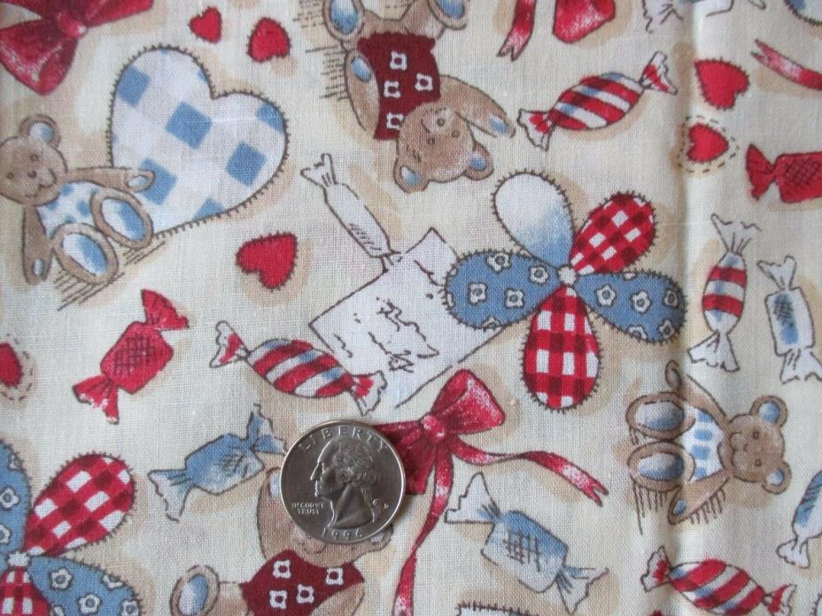 Vintage TEDDY BEARS HEARTS FLOWERS CANDY On BEIGE 1990's COTTON Fabric-2 yd