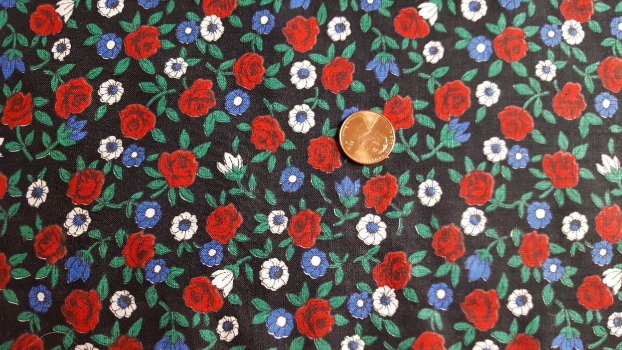 VTG Cotton Fabric 30s Quilt Doll Black Red Rose Flower White Flowers
