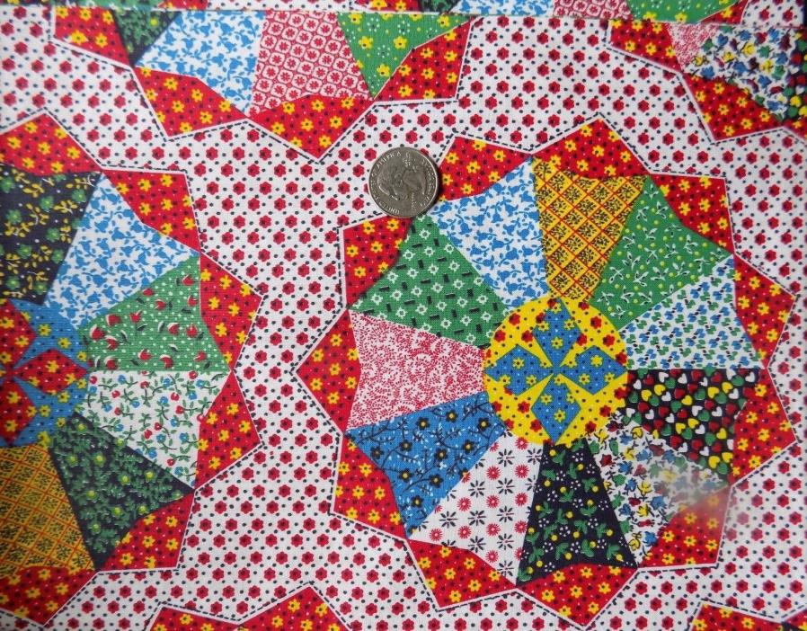 Vtg Red Patchwork Print /Faux Quilt Pattern 60's Cotton Fabric 34