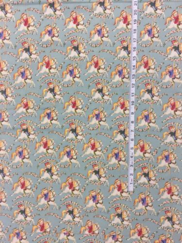 Retro Inspired Boy Girl Carousel Horse Blue Cotton Quilt Fabric 1 & 1/2 Yard
