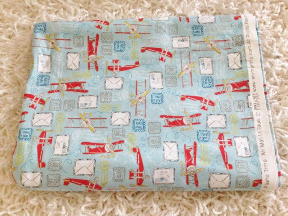 2 Yards Blue Airplane Baby Quilt Fabric Cotton Material with White & Red