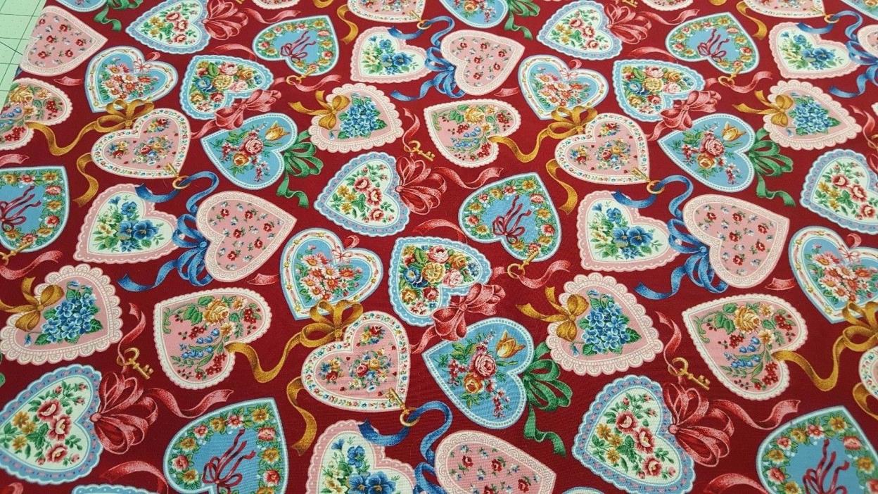 VIP Cranston Print Works Hearts Bows Ribbons Flowers Rich Reds Fabric 34