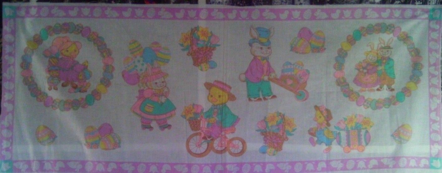 1/2 Yd Vtg Easter Applique Fabric Panel Rabbit Eggs Duck Flower Basket Bunny