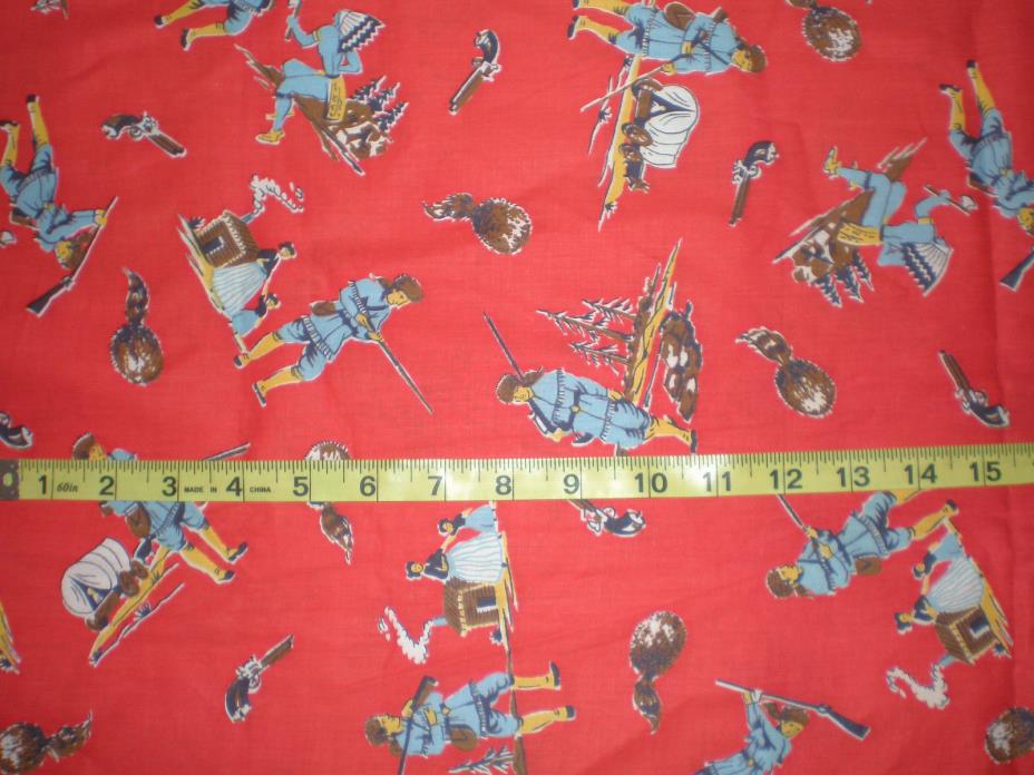 Vintage FABRIC Pioneers Western Cowboys, Indians, Coonskin Hat ~ Fat Quarter