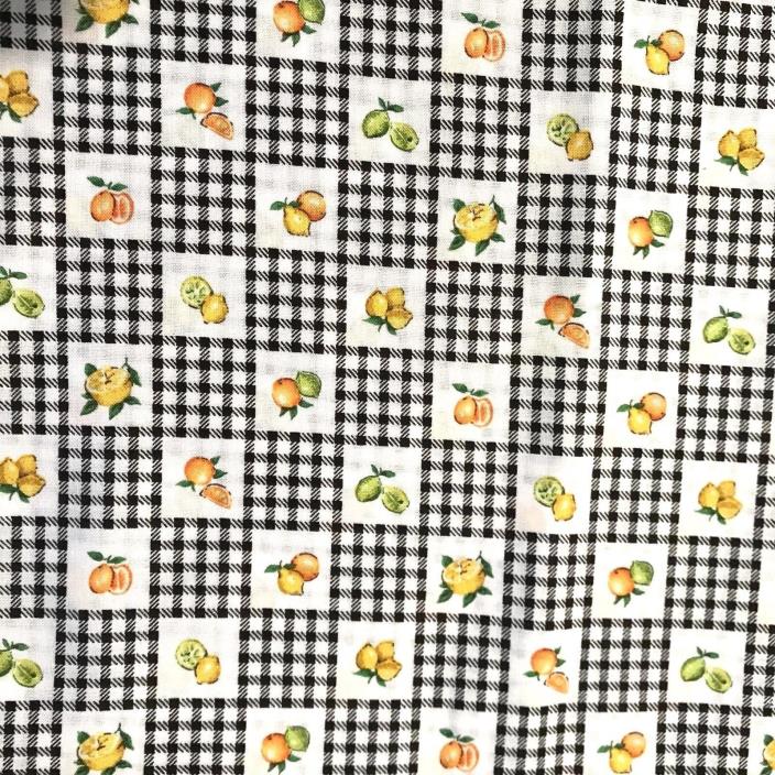 Vintage Lemon and Gingham Fabric,2 1/3 Yards,Farmhouse,Country,Quilting,Black