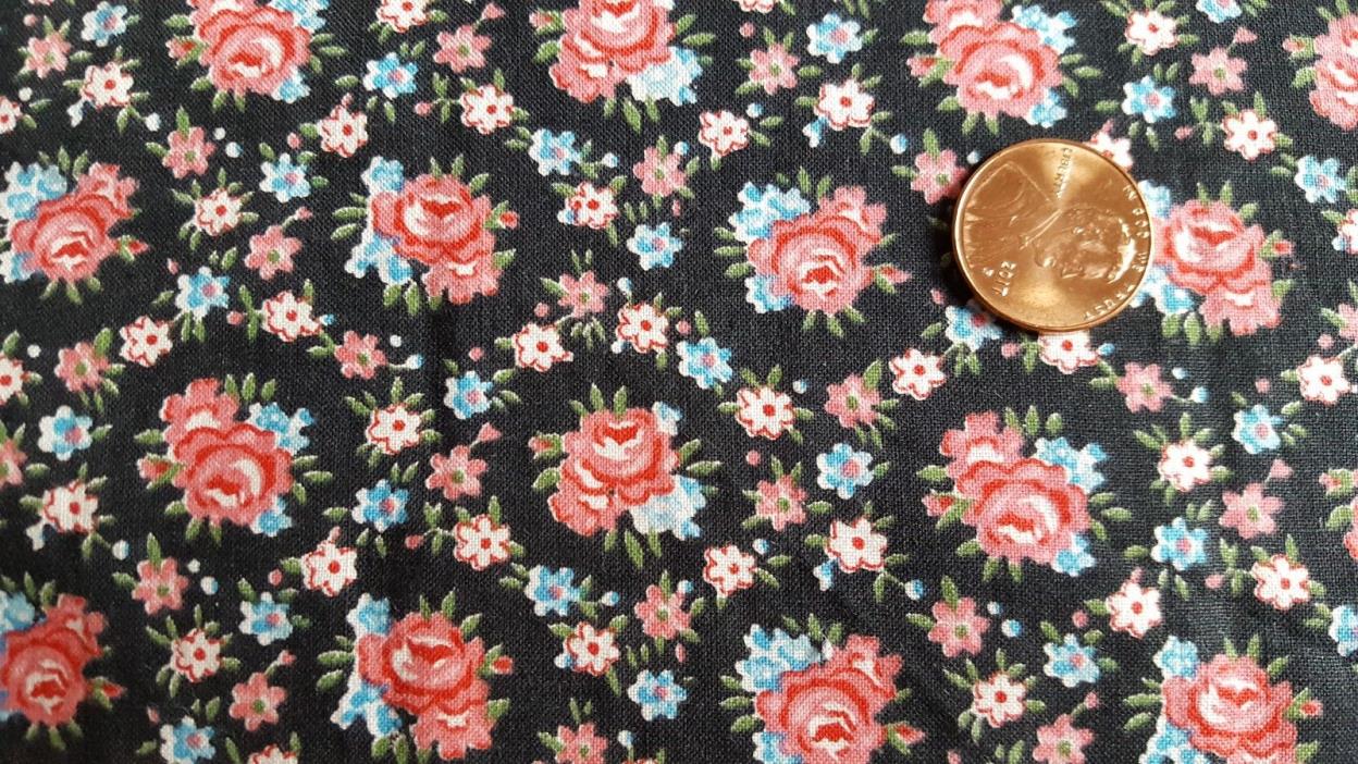 VTG Antique Cotton Fabric 30s Quilt Doll Pink Rose Flowers Black