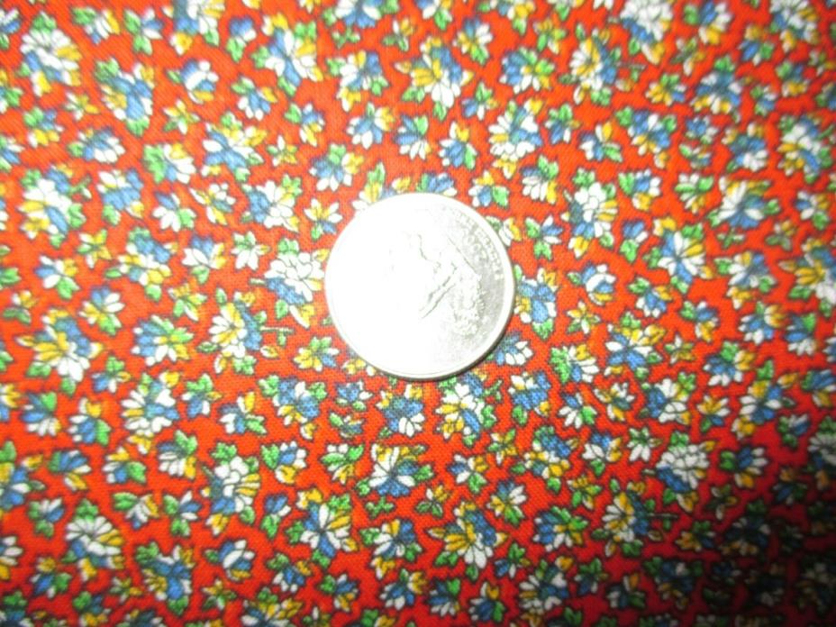 SUMMERY Vintage WHITE YELLOW BLUE FLOWERS On RED 1970's COTTON Fabric-over 2 yd