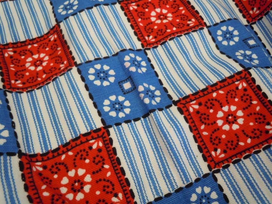 Vintage DENIM FABRIC, Stripe Checked Red, White & Blue Fabric