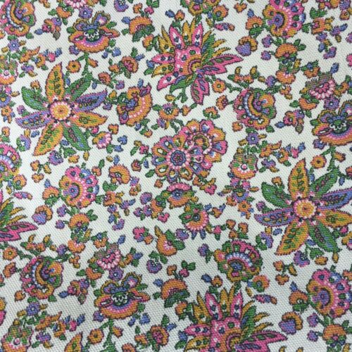 3 Yd Vintage Floral Folk Art Fabric Midcentury Earth Tones Heavy Cotton