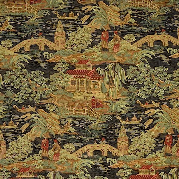 Q9B ASIAN TOILE ETHNIC CHIC WOVEN UPHOLSTERY FABRIC MULTI BLACK  5YARDS