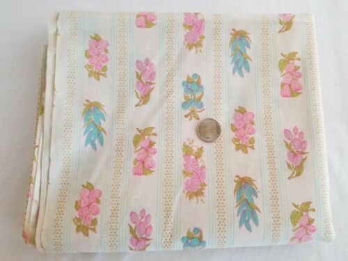 Vintage Fabric Cotton Flowers Stripes Cream Pink Blue 4 YDS