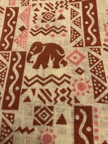 Vintage 50s Elephant Tribal Print Pink Brown Cotton Woven Fabric 6yds x 44