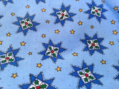3 3/4 YARDS OF VINTAGE BLUE CHRISTMAS STARS AND HOLLY COTTON FABRIC