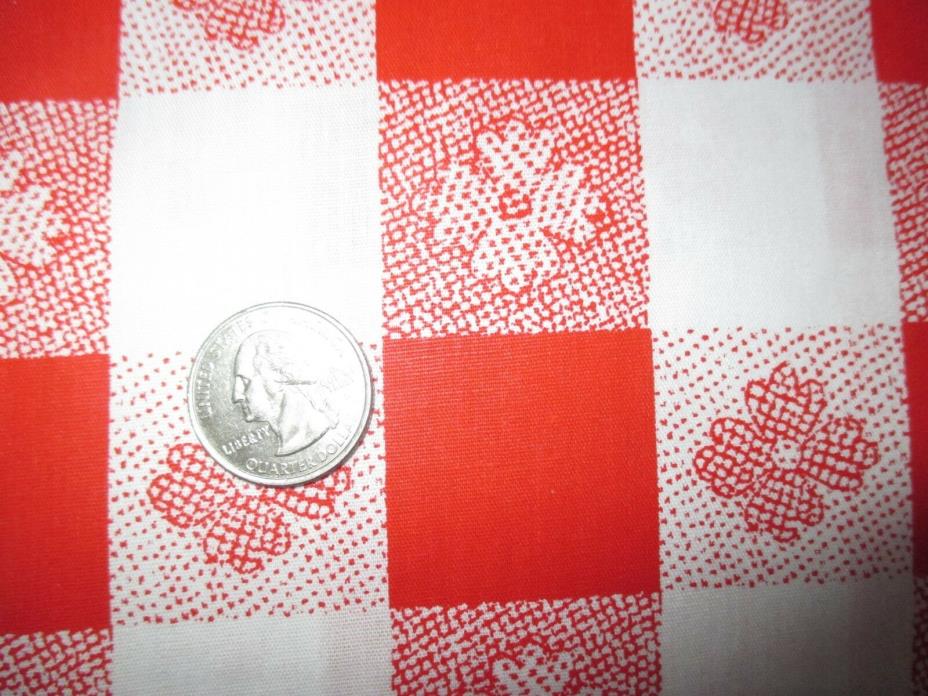 PICNIC Vintage RED WHITE FLOWERS On RED WHITE 1980's COTTON Fabric-over 4 yd