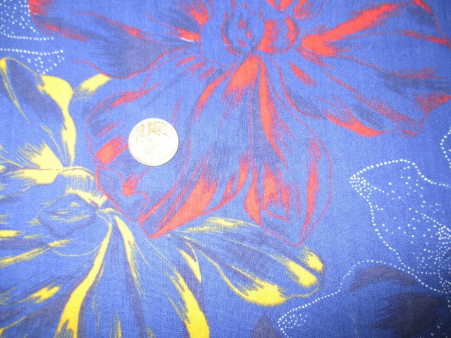 Vintage BLUE FLOWERS SPLASH w/YELLOW RED On BLUE 1970's COTTON Fabric-over 2 yd
